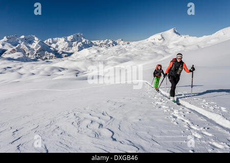 Skitourengeher während der Besteigung des Mt Seekofel, Berge Piz de Lavarela, Piz Dles Conturines, Antonispitze und Neuner bei der Stockfoto