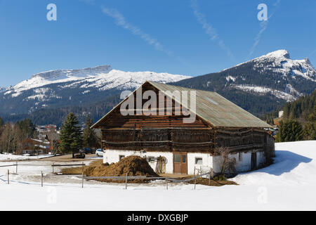 Altes Bauernhaus in Riezlern, Berge Hoher Ifen und Sonnenberg am im Rücken, Kleinwalsertal, Vorarlberg, Österreich Stockfoto