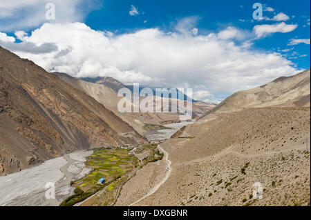 Blick in ein tiefes Tal, reißenden Strom, Kali Gandaki Tal, üppigen grünen Feldern rund um die Ortschaft Kagbeni Stockfoto