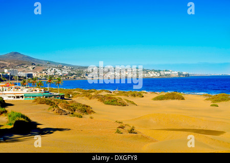 ein Blick auf Playa del Ingles in Maspalomas, Gran Canaria, Kanarische Inseln, Spanien Stockfoto