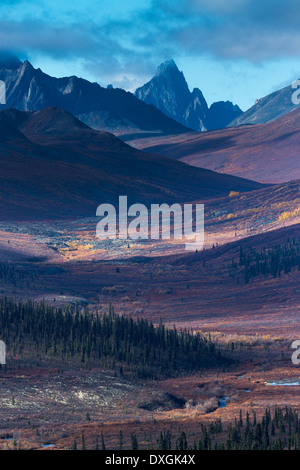 Tombstone Pass und das obere Tal des Flusses North Klondike im Herbst, Tombstone Territorial Park, Yukon Territorien, Kanada Stockfoto