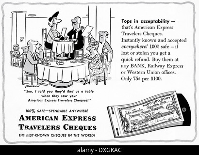 1950er Jahren Werbung für American Express Travelers Cheques Anzeige in amerikanischen Magazin ca. 1954 Stockfoto