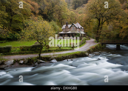 Watersmeet, wo die Täler von East Lyn und Hoar Eiche Wasser, Exmoor National Park, Devon, England, UK verschmelzen Stockfoto