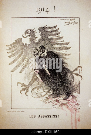 Französische Oldtimer WWI Propaganda Cartoon von 1914 zeigt zwei deutsche Soldaten mit großen Fleischermesser aus dem ersten Weltkrieg ein Stockfoto