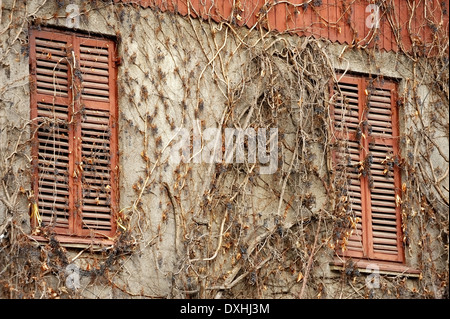 Verlassenes Haus Detail mit alten Holzfenster und Fensterläden geschlossen Stockfoto