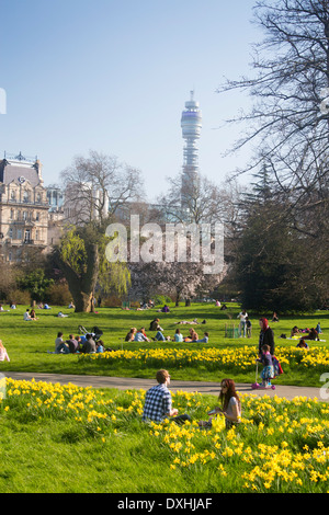 Regents Park im Frühling mit Narzissen und Blüten auf Bäumen junges Paar in den 20er Jahren im Vordergrund BT Tower über London England UK Stockfoto