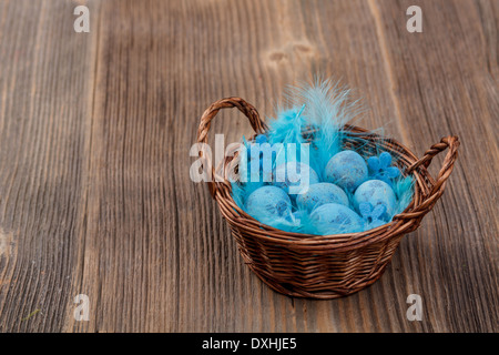 Weidenkorb voller blauer Wachteleier Stockfoto