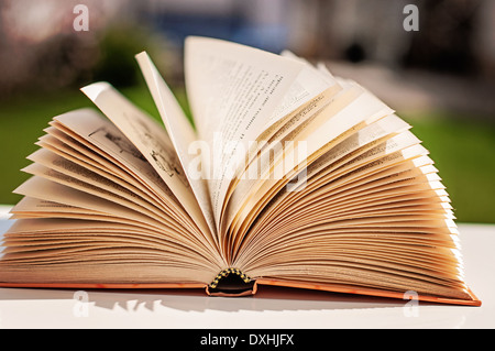 Offenes Buch auf einem weißen Tisch im Garten Stockfoto