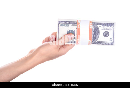 große Packungen mit US-Dollar in der Hand auf einem weißen Hintergrund isoliert Stockfoto