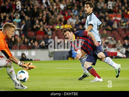 Barcelona, Spanien. 26. März 2014. Leo Messi Partitur in der Partie zwischen FC Barcelona und Celta Vigo 30. Woche der spanischen Liga BBVA, gespielt im Camp Nou, das 26. März 2014. Foto: Joan Valls /Urbanandsport /Nurphoto Credit: Joan Valls/NurPhoto/ZUMAPRESS.com/Alamy Live-Nachrichten Stockfoto