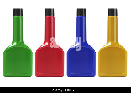 Bunte Kunststoff-Behälter auf weißem Hintergrund Stockfoto