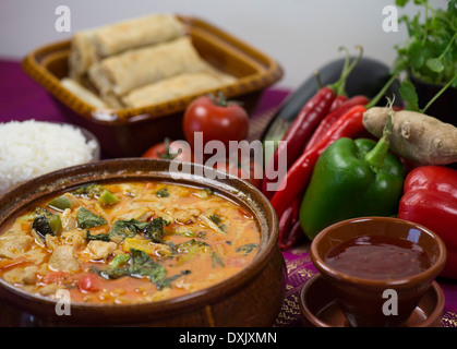 Schüssel mit Panang Curry Eintopf mit Gemüse und Gewürzen umgeben Stockfoto