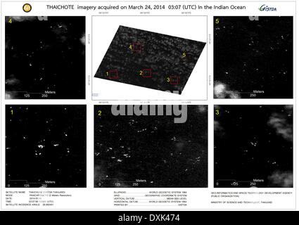 Bangkok, Thailand. 27. März 2014. Satelliten-Bilder zur Verfügung gestellt von Thailands Geoinformatik und Raum-Technologie Entwicklung Agentur (GISTDA) am 27. März 2014 zeigen unverankerte Objekte im Indischen Ozean. Ein Thai Satelliten erkannt unverankerte Objekte, die sich über eine Fläche von 450 Quadratkilometern im Indischen Ozean, etwa 2.700 Kilometer von Perth, Australien, GISTDA sagte am Donnerstag in einer Online-Abrechnung. Die unverankerte Objekte im Verdacht stehen, mit den fehlenden Malaysia-Airlines-Flug MH370 zusammenzuhängen, hieß es. Bildnachweis: GISTDA/Xinhua/Alamy Live-Nachrichten Stockfoto