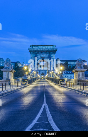 Löwen-Statuen und beleuchtete Straßenlampen entlang Kettenbrücke, Budapest, Ungarn Stockfoto