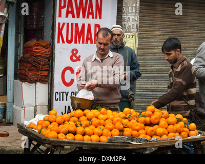 Indien, Jammu und Kaschmir, Jammu, Raghndath Basar, Straßenverkäufer, die Orangen aus Barrow Stall zu verkaufen Stockfoto