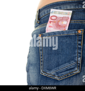 Bild des Geldes in eine Gesäßtasche über weiße Jeans Stockfoto