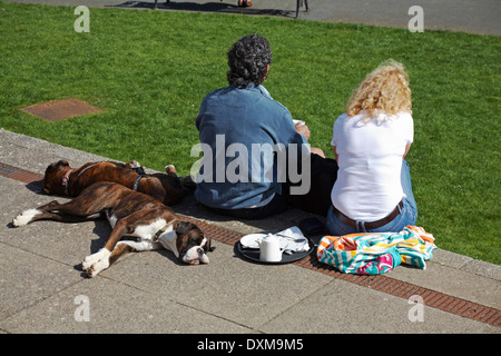 Pärchen genießen Tee in der Sonne mit ihren Hunden im Priory Park in Great Malvern, Worcestershire UK im April Stockfoto