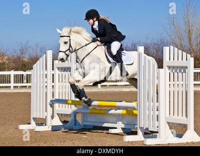 Junges Mädchen, ein weißes Pferd Pony über einen Sprung auf ein Springturnier Veranstaltung springen Stockfoto