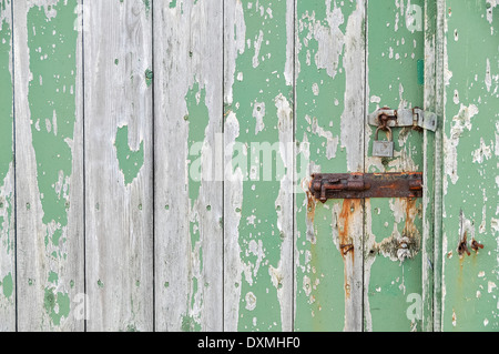 Verwitterte Holztür abblätternde grüne Farbe mit rostigen Schrauben und Sperre Stockfoto