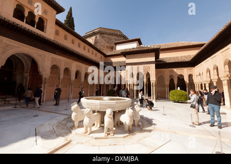 Touristen, die gerne an der Löwenbrunnen, Patio de Los Leones (Hof der Löwen), Nasridenpaläste, Alhambra Palast Granada Spanien Stockfoto