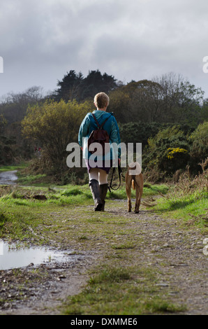 Eine Frau und ihr Hund zu Fuß auf dem Ufer Ennerdale im englischen Lake District Stockfoto