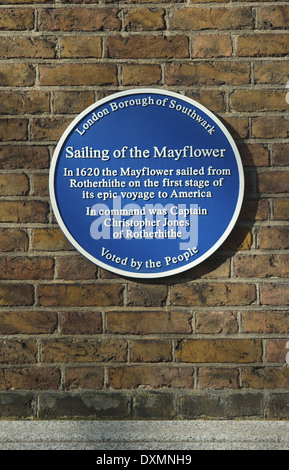 Gedenktafel an der Mayflower, Rotherhithe London Stockfoto