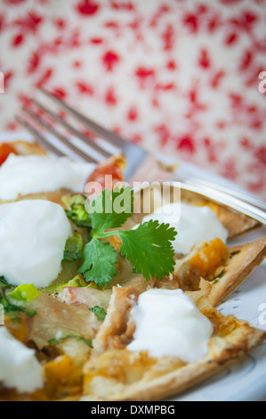 Ein Teller mit mexikanische Nachos mit hausgemachte Tortillas und Sauerrahm Stockfoto