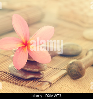 Tropical Spa mit Frangipani-Blüten im retro-Stil. Geringe Beleuchtung, geeignet für Wellness-Thema. Stockfoto