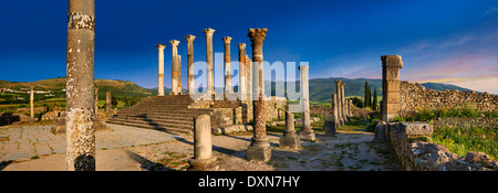 Die korinthischen Säulen des kapitolinischen Tempels, Ausgrabungsstätte Volubilis, in der Nähe von Meknès, Marokko Stockfoto