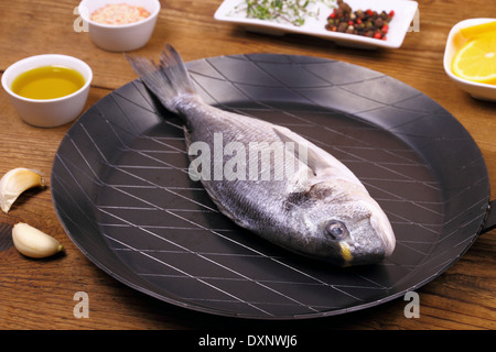 Frische Dorade Fisch auf Pfanne und Zutaten, Nahaufnahme Stockfoto