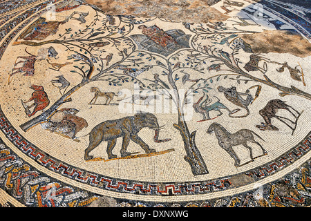 Römisches Mosaik aus The House of Orpheus zeigt Orpheus spielt eine laute und afrikanische Tiere Ausgrabungsstätte Volubilis, Marokko Stockfoto