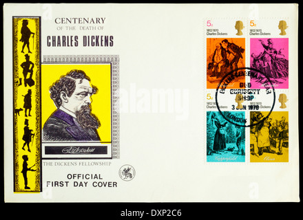 1970 offiziell ersten Tag decken zum Gedenken an die Centernary von Dickens Tod. Mit Old Curiosity Shop Poststempel. Stockfoto