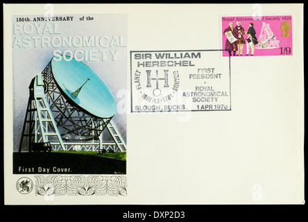 1970 erste Abdeckung Tages feiert den 150. Jahrestag der Royal Astronomical Society. Poststempel in Slough. Stockfoto