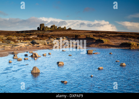 Gefrorene Pool von Rad-Steinen am Derwent Rand, Peak District Stockfoto