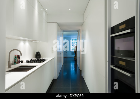 Moderne Küche mit weißer Arbeitsplatte, Spüle und große Fenster