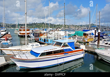 Ansicht von Fairline Luxusyacht und andere Boote in Sausalito Marina Stockfoto