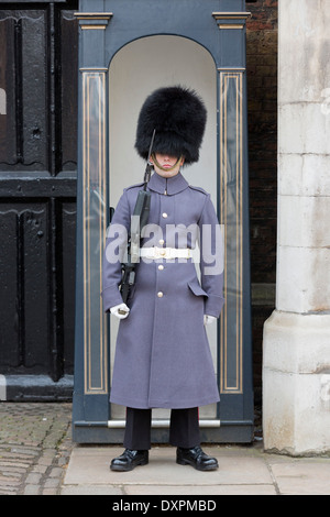 Gardist der Grenadier Guards Stellung in seinem Wachhäuschen vor Str. Jamess Palast, London Stockfoto