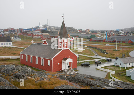 Grönland, Nuuk.  Übersicht des historischen Viertels, unser Retter-Kirche. Stockfoto