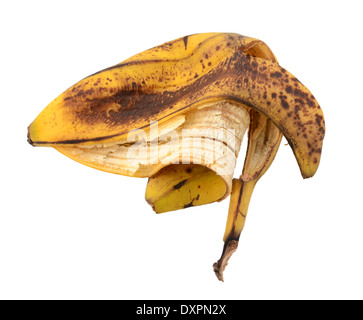 Leere entdeckt überreifen Bananenschale, isoliert auf weißem Hintergrund Stockfoto