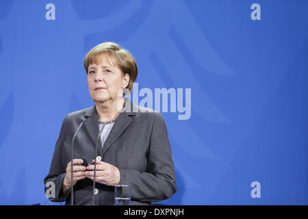 Berlin, Deutschland. 28. März 2014. Berlin, Deutschland. 28. März 2014. Gemeinsame Pressekonferenz des chinesischen Präsidenten Xi Jinping von Bundeskanzlerin Angela Merkel im Kanzleramt in Berlin. / Bild: Bundeskanzlerin Angela Merkel. Bildnachweis: Reynaldo Paganelli/NurPhoto/ZUMAPRESS.com/Alamy Live-Nachrichten Stockfoto