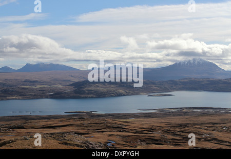 Ben Loyal, Ben Hope und Loch Eriboll betrachtet aus Beinn Ceannabeinne Schottland März 2014 Stockfoto