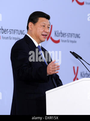 Berlin, Deutschland. 28. März 2014. Chinesischen Staatspräsidenten Xi Jinping hält eine Rede auf der Korber-Stiftung in Berlin, Deutschland, 28. März 2014. Bildnachweis: Rao Aimin/Xinhua/Alamy Live-Nachrichten Stockfoto