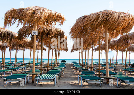 Sonnenschirme und Liegestühle am Strand von Elafonissi, Kreta, Griechenland Stockfoto
