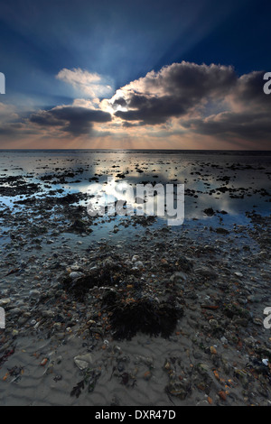 Morgendämmerung über Shoreham-By-Sea Beach, West Sussex County, England, UK Stockfoto