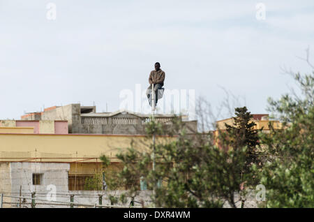 Melilla, Spanien. 28. März 2014. Sub-Saharan Migranten klettern über einen metallischen Zaun, der Marokko und der spanischen Enklave Melilla auf Freitag, 28. März 2014 teilt. Beamte sagten mehrere hundert afrikanische Migranten Stacheldraht Grenzzäune um die spanischen Enklave Melilla aus Marokko geben überqueren wollte, aber die meisten waren wandte sich wieder durch die Sicherheitskräfte von beiden Seiten. Eine Sprecher des Innenministeriums in Melilla, sagte, dass die Migranten, die versuchten, die Zäune mehrmals frühen Freitag und eine Handvoll skaliert werden konnten. Tausende von Migranten, die Suche nach einem besseren Leben in Europa leben illegal Stockfoto