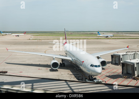 Ein Jumbo-Jet Asiana Airlines wird am boarding-Gate geparkt. Stockfoto