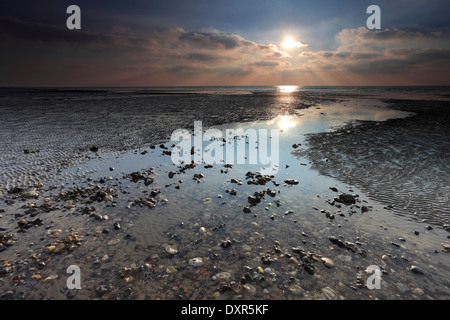 Morgendämmerung über Shoreham-By-Sea Beach, West Sussex County, England, UK Stockfoto