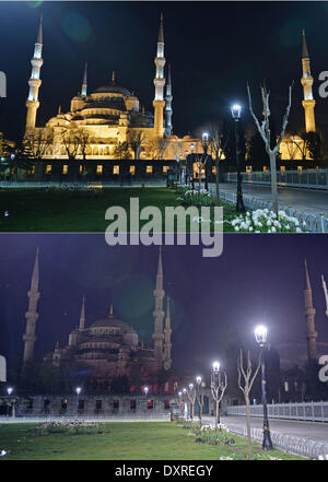 Istanbul. 29. März 2014. Die Combo, aufgenommen am 29. März 2014 zeigt die Szenen vor (oben) und nach dem Wahrzeichen blaue Moschee, die dunklen fallen während der Earth Hour 2014 Kampagne in Istanbul, Türkei. Earth Hour ist ein globales Ereignis, das vom WWF organisiert und findet am letzten Samstag im März jährlich, Förderung der Haushalte und Unternehmen ihre Lichter und andere Elektrogeräte für eine Stunde ausschalten, ihre Besorgnis über den Klimawandel zu äußern. © Lu Zhe/Xinhua/Alamy Live-Nachrichten Stockfoto