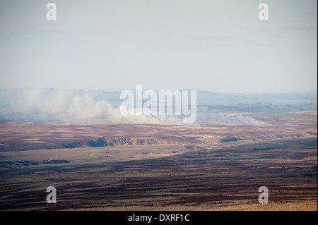 Rauchen Sie, driften über Moor aus der jährlichen Heidekraut Verbrennung auf Dales Moor. Yorkshire, Vereinigtes Königreich. Stockfoto