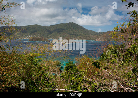 Batteaux Bay in Speyside, auf der atlantischen Küste Tobagos von Little Tobago Island gesehen. Stockfoto